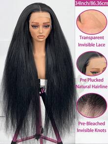 ZHUICHAO 长款柔软 Yaki 200% 密度长款自然黑色卷曲直发 13x4 大面积透明蕾丝前假发，带婴儿发，无需胶水 - 1B# - 查看 3