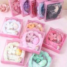 5 Pcs Girls Sponge Spa Headband Face Wash Wristbands With Large Plastic Flower Hair Claw Clip Gift Set Facial Hairband Hair Stuff Hair Accessories Set With Delicate Box For Party Gifts And Daily Use - Bộ 5 món hoa 5 cánh màu xanh dương - Xem 5