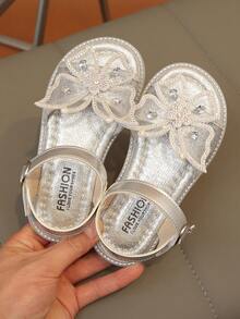 1 Pair Girls' Bow Sequin Sandals, Leather Hollow Out Summer Flat Water Drill Sandals, New Open Toe Hook And Loop Cute Sweet Style Flat Shoes, Children Sandals, Outdoor Beach Sandals, Round Toe, Daily, Dance, Wedding, Party, Princess Shoes - Silver - View 4