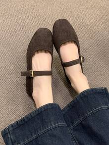Women's Flat Shoes Retro Ballet Style Comfortable Low Heel Flat Shoes One-Strap Buckle Suede Mary Jane Flat Shoes, Brown - Coffee Brown - View 1