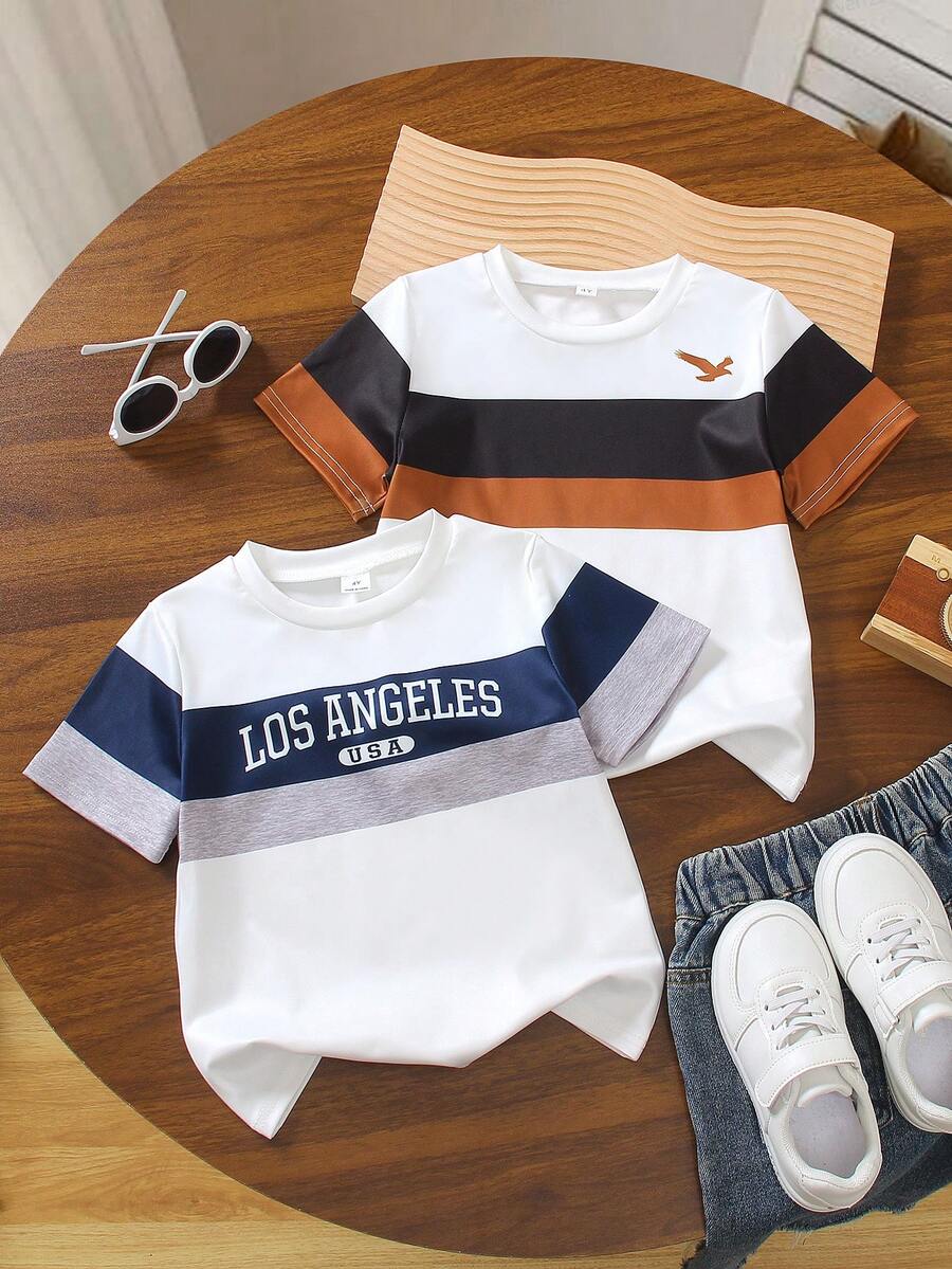 2pcs Boys' Simple Yet Fashionable Short Sleeve Crew Neck T-Shirts, White Base With Blue Gray And White Base With Black Brown, Suitable For Everyday Wear, Park, Outdoor, Back To School - Blue and White - View 1