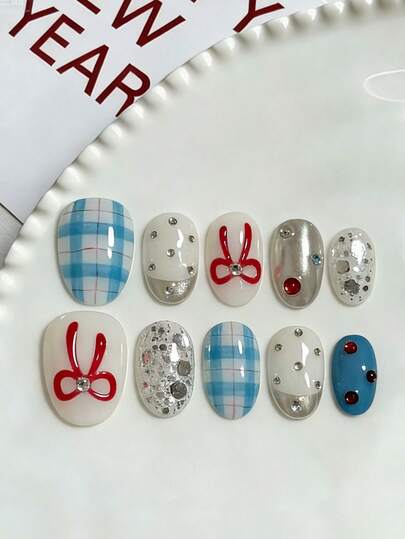 10pcs Long Almond-Shaped Handmade Nail Stickers, Blue Plaid Asymmetrical Glitter, Pink Bow Ribbon, Rhinestone Design, Enhances Sweet Atmosphere, Removable Nail Art Decorations, Ballet-Style Elongates Fingers, Fashion Nail Accessories Full Coverage