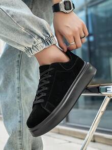 Men's Simple Solid Color Patchwork Lace-Up Casual Sneakers, Comfortable Daily Outdoor Commute Versatile Plus Size Couple Shoes - Black - View 10