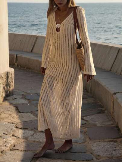 New Apricot V-Neck Tie-Waist Long Knit Dress For Women, Made Of Knitted Fabric With Delicate Floral Tie Decoration, Casual Elegant Bohemian Style, Suitable For Beach, Party And Other Occasions, Women's Summer Fashion Sexy Vacation Outfit