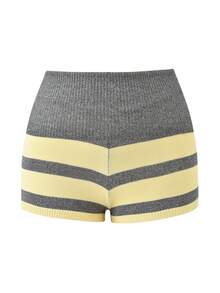 Women Y2k Fold Over Knit Shorts Striped Elastic Waist Low Rise Boycon Crochet Lounge Bottoms Stretchy Pjs Boyshorts Sleepwear Loungewear Streetwear - 黃色 - 查看 7