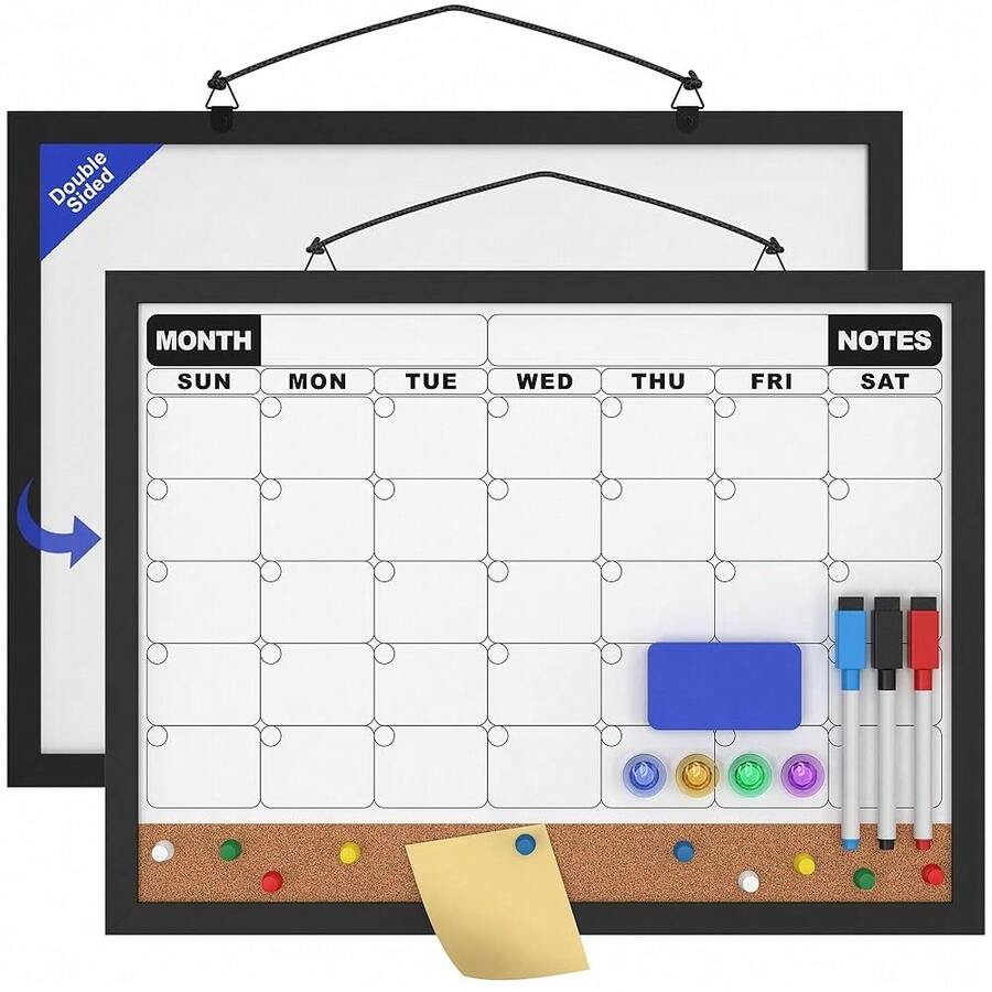 Monthly Calendar Dry Erase Board 16x12 Inch, Double-Sided Whiteboard And Corkboard Combo With Black MDF Frame, Wall Mounted Planner With Markers, Magnets, Push Pins, Eraser - 黑木框 - 查看 1