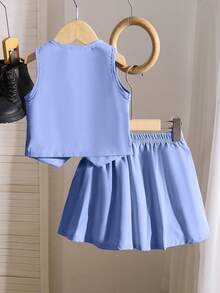 2件套女童优雅淑女学院风背心上衣和百褶裙套装，春夏款 - 淺藍色 - 查看 2
