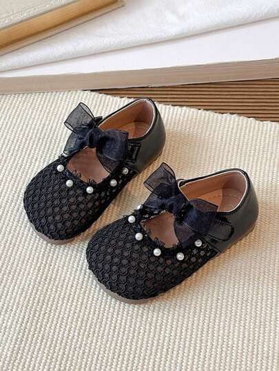 Girls' Mesh Breathable Bowknot Pearl Decor Casual Princess Shoes, Soft Sole Non-Slip Flat Sandals, 2026 New
