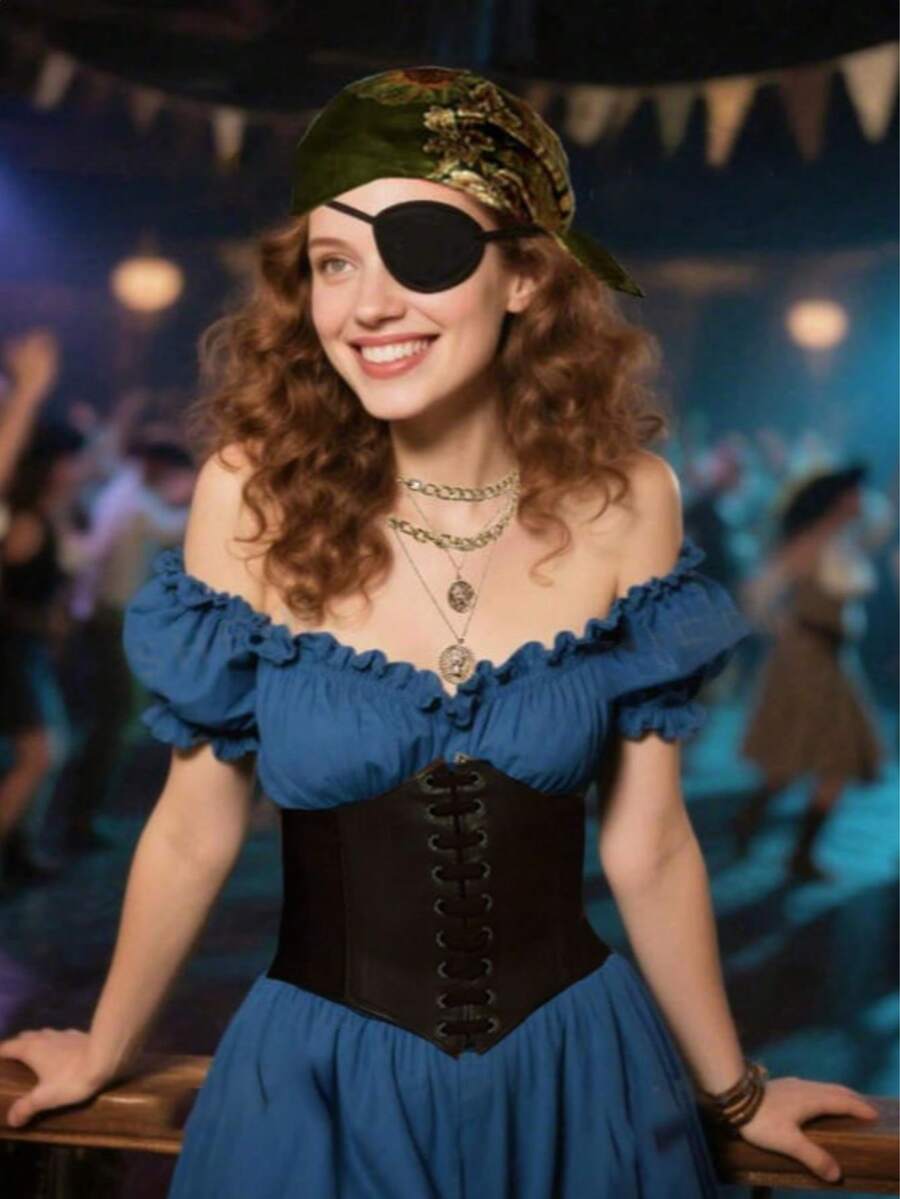 4件套海盗服装配饰套装，包括女士海盗头巾、头巾眼罩、中世纪束身衣、项链、首饰、万圣节嘉年华角色扮演服装配饰 - 彩色 - 查看 1