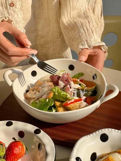 ชุดเครื่องใช้บนโต๊ะอาหารเซรามิก ลายจุด แบบฝรั่งเศส, ชามสองหู ความจุขนาดใหญ่ สไตล์มินิมอล หรูหรา, ช้อนลายจุด, ชามโยเกิร์ตอาหารเช้า, ชามข้าว, หม้อซุปสองหู, ชุดเครื่องใช้บนโต๊ะอาหารเซรามิกสำหรับรับประทานอาหารคนเดียว, เครื่องใช้บนโต๊ะอาหารที่สวยงาม, เหมาะสำหรับบ้าน, ร้านอาหาร, ร้านขนม, สำนักงาน, ของขวัญ