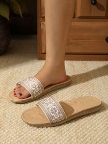 2026新款夏季女式凉鞋，女式凉鞋，木屐，价格更实惠，质量更好，白色方形亚麻家居拖鞋，女士时尚波西米亚风平底凉鞋，舒适透气，休闲百搭。 - 香檳色 - 查看 5