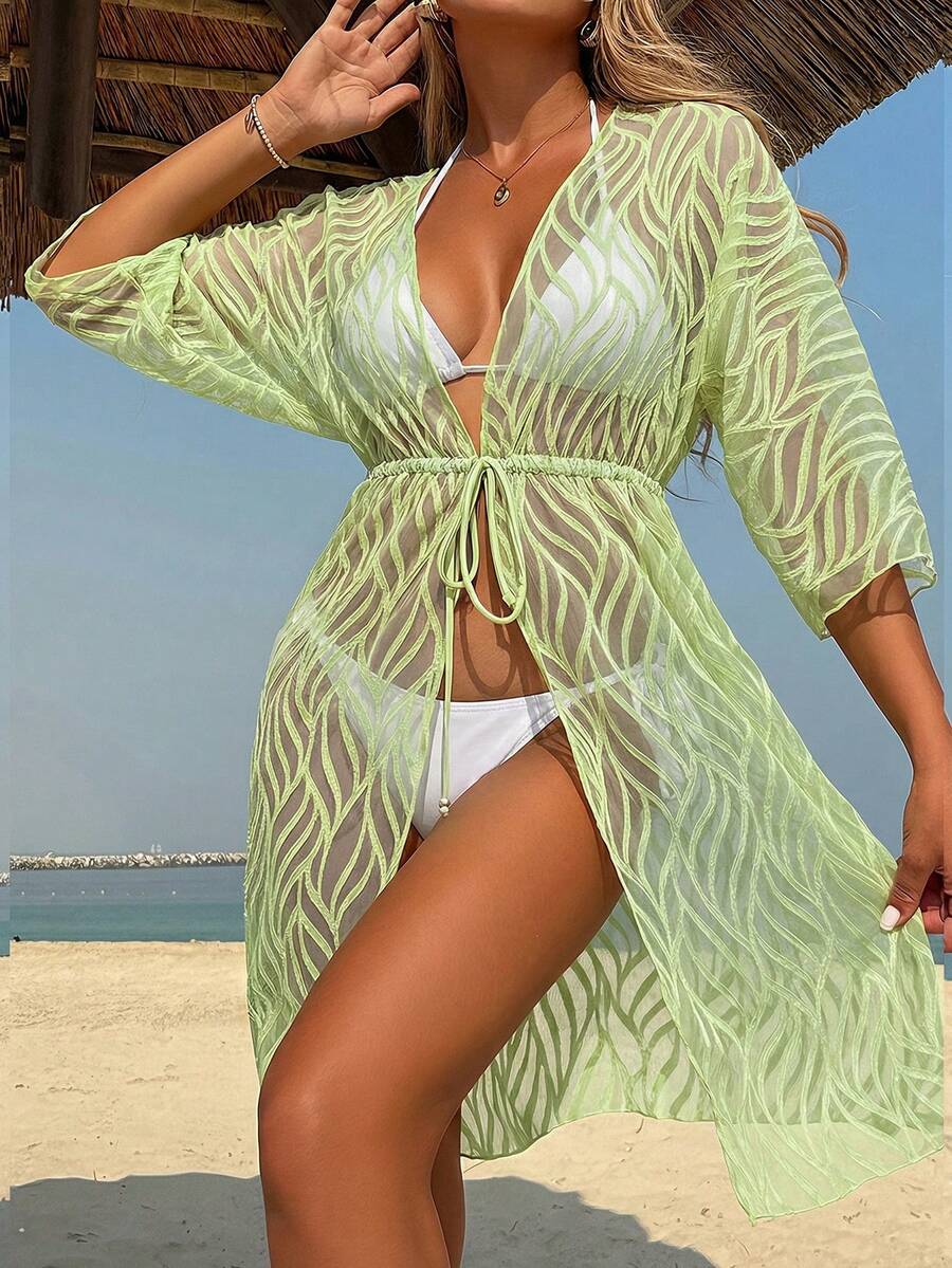 Women's Solid Color Jacquard Off-Shoulder Long Sleeve Beach Cover-Up With Waist Tie - Green - View 1