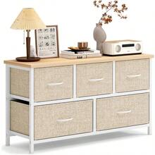 5-Drawer Dresser 2-Tier Chest Of Drawers Storage Organizer With Fabirc Drawers Entryway Hallway Cabinet With Plastic Handle MapleandWhite 10CZSS106-BM-N - BeigeWhite - View 2