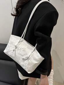 1个蝴蝶蕾丝拉链保龄球包，大容量手提包，新款时尚纹理单肩包，复古风格腋下通勤包，适合女性日常使用 - 米色 - 查看 6