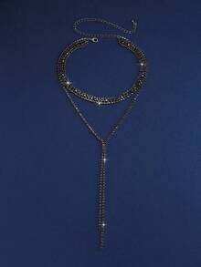 1pc Fashionable Design With Black Full Diamond Multi-Layer Versatile Necklace, Stylish Long Tassel Necklace Design, Including Necklace Suitable For Parties, Evening Parties, Women's Daily Wear, Valentine's Day Gifts, And Weddings - Rhinestone Y Necklace - View 4