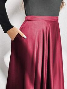 大码女式纯色高腰优雅缎面半身裙，休闲缎面质感带口袋长裙 - 紅色 - 查看 4