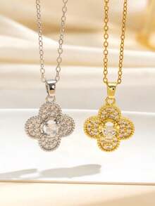 1件优雅闪亮四叶草花吊坠项链，甜美珠宝礼物，适合女性，适合宴会、派对、周年纪念日佩戴 - 項鍊 - 查看 3