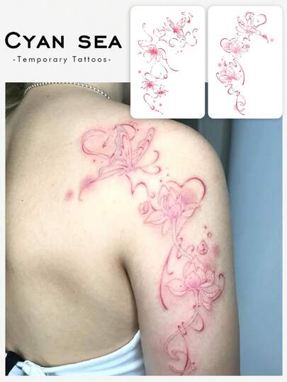 2 Stücke Valentinstag temporäre Tattoo Aufkleber, Y2K Stil rosa Schmetterling Lilie Blumen Muster, wasserfest und schweißfest, waschbar, nicht reflektierend, simulierte Tattoos für Arme und Schultern, geeignet für Menschen, haltbar 3-5 Tage