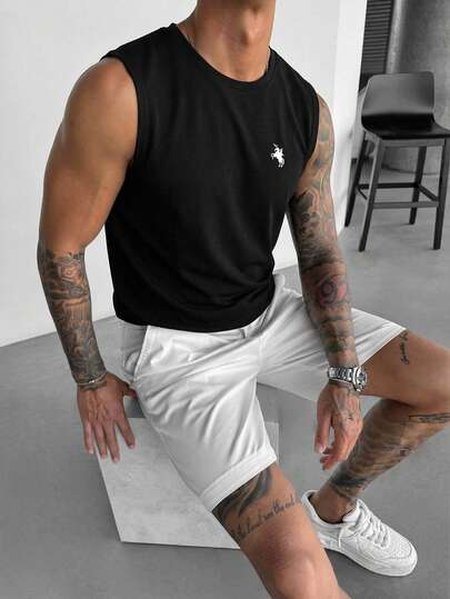 Camiseta de tirantes de cuello redondo minimalista y versátil con estampado, para hombre, de verano