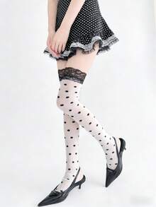 Medias por encima de la rodilla con lunares y encaje negro - Negro - Ver 2