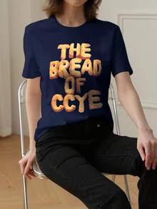 1件装女士休闲宽松英文印花T恤，学院风，百搭圆领上衣，2026春夏款 - 藏蓝色 - 查看 3