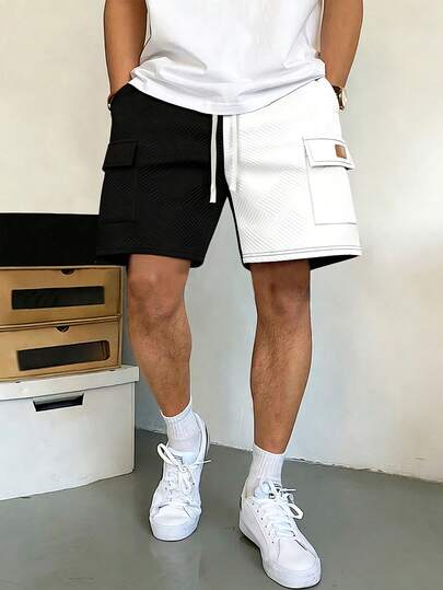 Men's Street Style Textured Pattern Khaki Shorts, Summer Casual Drawstring Shorts, Breathable Fabric Suitable For Daily Wear, Travel, Outdoor