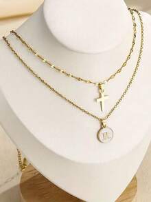 18K Golden Plated Stainless Steel Initial Letter & Cross Pendant Necklaces 2 Packs Set, Elegant Layered Script Letters, Daily & Vacation Wear, Thanksgiving Gift, All Seasons - No Mosaic Material - Gold - View 9