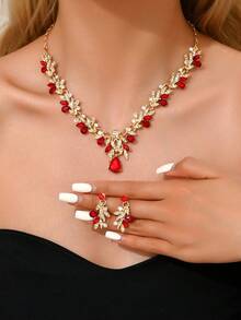 3件套波西米亚复古风合成红色水钻首饰套装 - 镀银合金耳环 - 十二月生辰石时尚套装，适合宴会、婚礼和特殊场合佩戴 - 紅色 - 查看 17