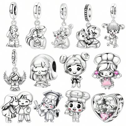 1 pieza Colgante de cuenta con diseño de personaje lindo plateado en plata para hacer pulseras, collares y joyería DIY como regalo de cumpleaños para mujeres