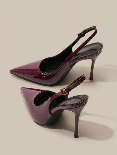 10.5CM Pointed Toe High Heel Pumps For Women, Elegant Stilettos With Metal Decor Ankle Strap, Sexy Burgundy PU Leather Comfortable Versatile Shoes For Daily, Party, Valentine's Date, Spring Festival, Office Commute