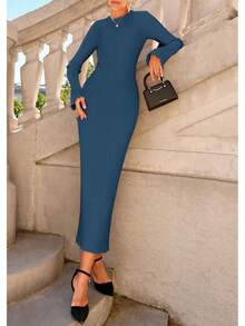 2026 Women's Fall Winter Bell Sleeve Crew Neck Ribbed Knit Bodycon Sweater Maxi Dress - 深藍色 - 查看 7