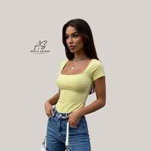 Set Of 4 Baby Look Blouses With Double Front Lining And Square Neckline. Simple. None. Vacation. Beach. - NEGRO/MARRÓN/LILA/AMARILLO - Ver 2