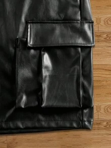 Pantalones cortos cargo de hombre de piel sintética negra, estilo urbano - Negro - Ver 7