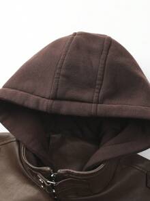 Men's Stylish Faux Leather Hooded Jacket, Windproof Warm PU Biker Coat For Spring, Autumn & Winter, Casual Streetwear With Multi-Pocket & Ribbed Hem, Detachable Hood Design For Versatile Year-Round Looks - Coffee Brown - View 4