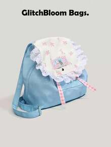 GlitchBloom 背包。时尚清新可爱的花卉猫咪印花帆布背包，适合女大学生、青少年、女性或学生，可装书籍、购物物品、返校用品等。它是女性、女孩和学生的必备学习用品，可与各种背包配件、文具和书包完美搭配。 - 藍色 - 查看 2
