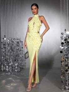 新款时尚3D立体花卉性感立领无袖镂空露背高开衩长裙，优雅女士正式晚礼服、婚礼宾客礼服、节日派对礼服 - 黃色 - 查看 7