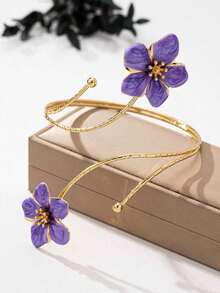 Punk Style Exaggerated Alloy Metal Multi-Color Enamel Flower Bracelet, Fashionable & Cooling Summer Colorful Enamel Floral Bracelet, Suitable For Women's Daily Wear, Holidays, Mother's Day, Gatherings, Beach, Vacation (The Floral Colors Are Handmade Enamel Glaze And May Have Some Variations Such As Color Bleeding, Staining, And Fading) - 紫色 - 查看 5