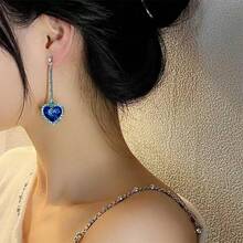 1对（2个）蓝色水钻心形流苏耳环 - 藍色 - 查看 1