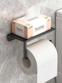 1pc Plastic Toilet Paper Holder, Wall-Mounted Plastic Rack, Self-Adhesive Tissue Paper Dispenser, Toilet Paper Roll Holder, Multi-Function Storage Rack, Phone Holder, Bathroom Organizer, Easy Installation Wall-Mounted Toilet Paper Rack - Black - View 5