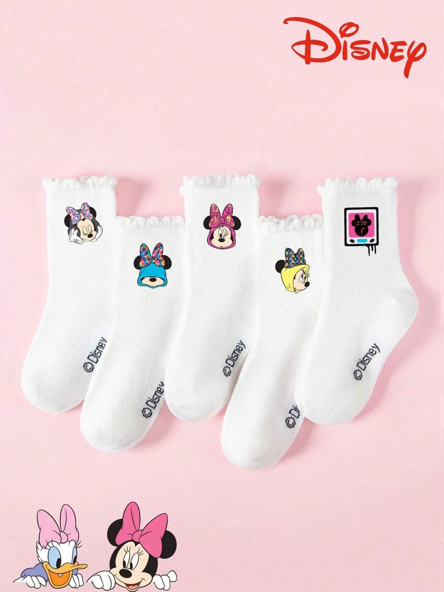 Disney 5双米妮蕾丝边中筒袜，整体造型可爱，甜美风格，图案萌趣，时尚休闲透气学生袜，适合日常穿着、返校季、节日礼物，袜子 - 彩色 - 查看 1