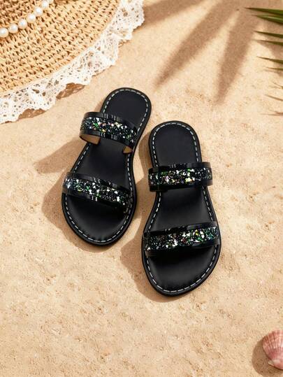 1 Pair Girls' Colorful Rhinestone Dual Strap Lightweight PU Open Toe Flat Sandals, Comfortable & Durable, Suitable For Outdoor Travel And Summer Vacation