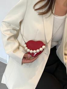 Bolso cruzado de mujer con diseño único de cadena de perlas en forma de corazón mini, bolso de mano de verano personalizado y de moda - Rojo - Ver 5