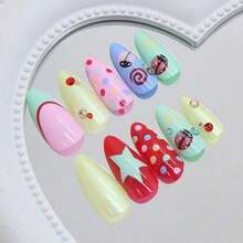 Dopamine Girl Heart Ladybug French Polka Dot Cute Sweet Sparkling Diamond Detachable Wearable Nail 24 Pieces - 1 - 查看 3