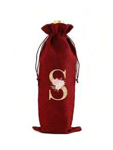 1 个个性化亚麻布瓶装收纳束口袋，印有金色花朵字母 A-Z，瓶套，粗亚麻布收纳袋，亚麻布礼品袋，葡萄酒套装，啤酒瓶套装，吧台氛围套装。 - 彩色 - 查看 14