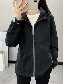 Women's Solid Color Long Sleeve Zipper Front Hooded Loose Soft Shell Jacket Black Spring - Black - View 7