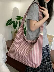 Lightweight Large Capacity Canvas Tote Bag, Fashionable Plaid Fabric, Casual College Style, Suitable For Middle/High School/University Students, Foldable Bucket Bag, Cute & Sweet Crossbody Bag - Multicolor - View 6