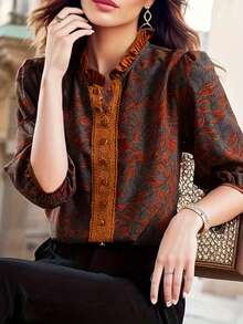 Mulberry Silk Printed Front Button Decor Puff Sleeve Blouse Vacation Summer - Multicolor - View 4