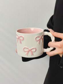 1 件创意 3D 蝴蝶结形陶瓷杯，带编织手柄，高品质咖啡/牛奶杯，可微波炉加热，送给女朋友的完美礼物，可爱的少女粉色水杯 - 彩色 - 查看 6