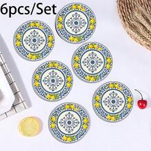 6/8pcs Mediterranean Lemon Pattern, Blue & White Porcelain Design, Round Wooden Coaster Set, Suitable For Patio, Kitchen, Living Room, Home Gathering, Dining Table Decor, Gift For Friends & Family, Suitable For Easter, Valentine's Day, Wedding, Birthday, Party, Home Decor Accessories - Multicolor - View 6