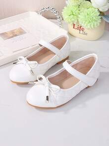 Girls' Mary Jane Fashion Versatile Plaid Splicing Bow Decor High-End Party Wedding Dance Flat Shoes - White - View 1